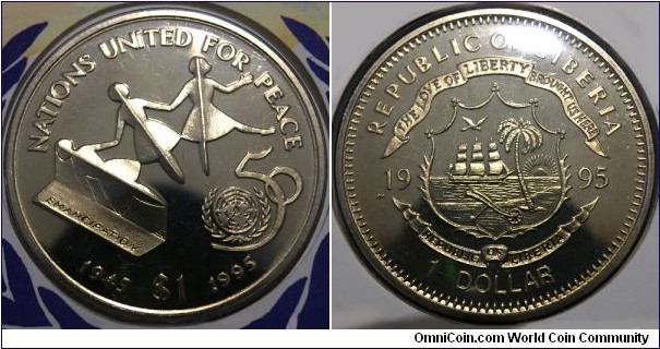 1 Dollar (Republic of Liberia / 50th Anniversary of United Nations // Copper-Nickel)