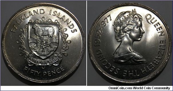 50 Pence (Falkland Islands - British Overseas Territory / Queen Elizabeth II / 25th Anniversary of the Accession of Queen Elizabeth II // Copper-Nickel / Low Mintage: 100.000 pcs)