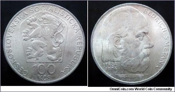 Czechoslovakia 100 korun. 1974, Bedřich Smetana. Ag 700. Weight; 15g. Diameter; 33mm. Mintage: 75.000 pcs.