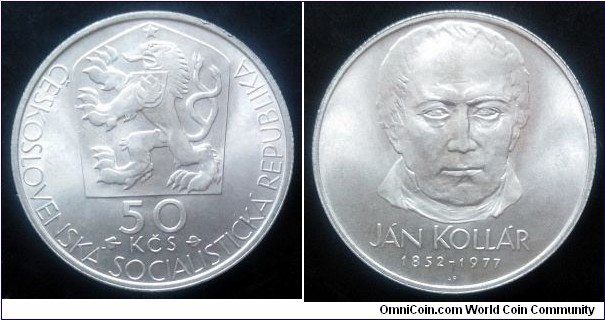 Czechoslovakia 50 korun. 1977, 125th Anniversary - Death of Jan Kollár. Ag 700. Weight; 13g. Diameter; 33mm. Mintage: 75.000 pcs.