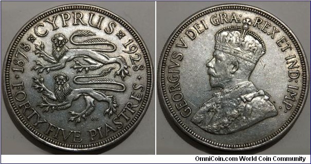 45 Piastres (British Cyprus - Crown Colony of Cyprus / King George V / 50 Years of Cyprus under British Rule // SILVER 0.925 / 28.276g / ⌀38mm / Low Mintage: 80.000 pcs)