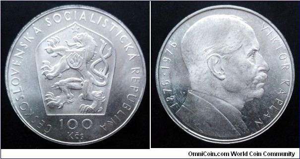 Czechoslovakia 100 korun. 1976, Viktor Kaplan. Ag 700. Weight; 15g. Diameter; 33mm. Mintage: 75.000 pcs.
