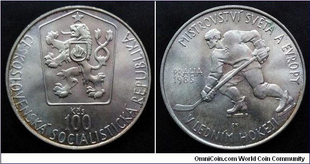 Czechoslovakia 100 korun. 1985, Ice Hockey Championship. Ag 500. Weight; 9g. Diameter; 29mm. Mintage: 66.000 pcs.
