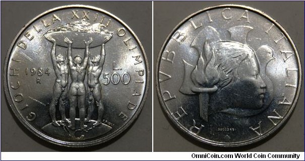 500 Lire (Italian Republic / 1984 XXIII Summer Olympics, Los Angeles // SILVER 0.835 / 11g / ⌀29.3mm / Mintage: 192.614 pcs) 