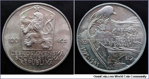Czechoslovakia 100 korun. 1985, 10th Anniversary of Helsinki Conference. Ag 500. Weight; 9g. Diameter; 29mm. Mintage: 75.000 pcs.