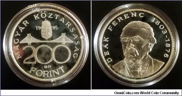 Hungary 200 forint. 1995, Ferenc Deák. Ag 500. Weight; 12g. Diameter; 32mm. Proof. Mintage: 15.000 pcs.
