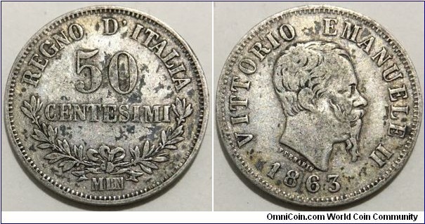 50 Centesimi (Kingdom of Italy / King Vittorio Emanuele II // SILVER 0.835 / 2.5g / ⌀18mm) 