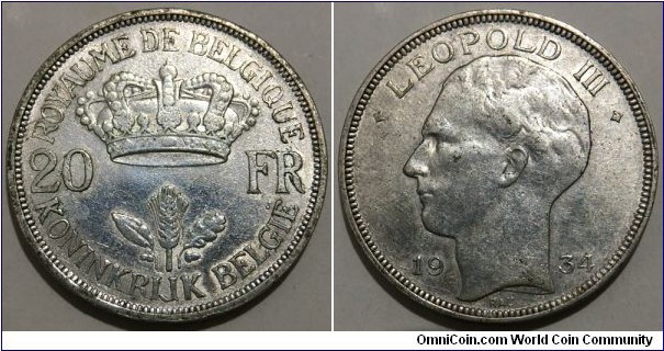 20 Francs (Kingdom of Belgium / King Leopold III // SILVER 0.680 / 11g / ⌀28.15mm) 