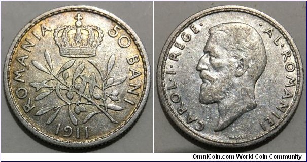 50 Bani (Kingdom of Romania / King Carol I // SILVER 0.835 / 2.5g / ⌀18mm) 