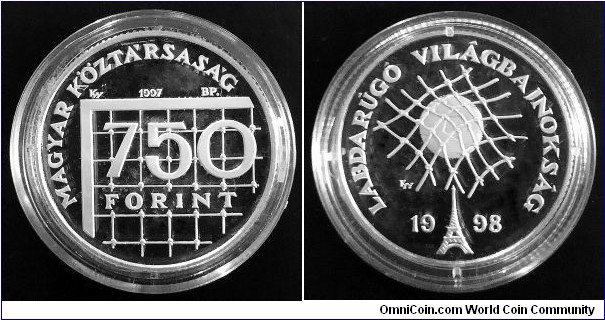 Hungary 750 forint. 1997, World Football Championship 1998. Ag 500. Weight; 10g. Diameter; 31mm. Proof. Mintage: 17.000 pcs.