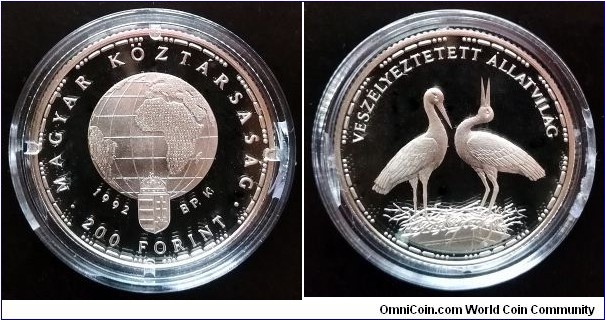 Hungary 200 forint. 1992, Endangered Wildlife - White Storks. Ag 500. Weight; 10g. Diameter; 30mm. Proof. Mintage: 80.000 pcs.