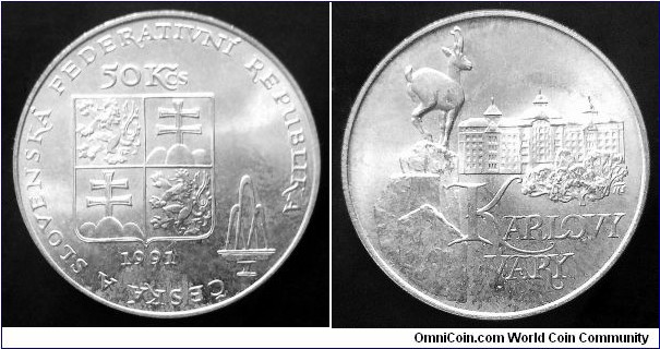 Czech and Slovak Federative Republic 50 korun. 1991, Karlovy Vary. Ag 700. Weight; 7g. Diameter; 27mm. Mintage: 75.000 pcs.