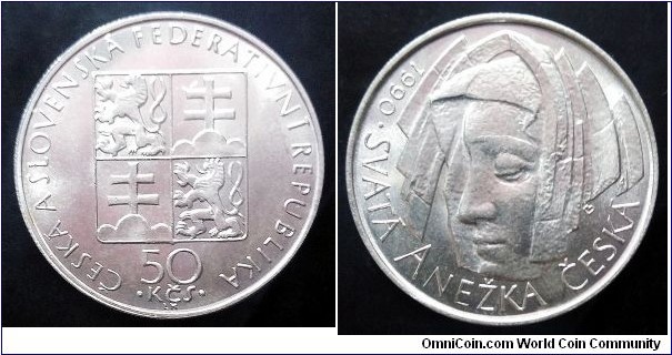 Czech and Slovak Federative Republic 50 korun. 1990, St. Agnes. Ag 500. Weight; 7g. Diameter; 27mm. Mintage: 114.000 pcs.