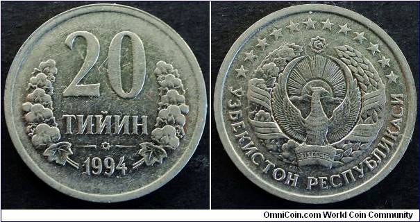 Uzbekistan 1994 20 tiyin. Mintmark PM. Rather scarce! Weight: 3.99g