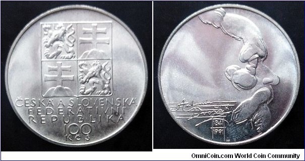 Czech and Slovak Federative Republic 100 korun. 1991, Antonín Dvořák. Ag 700. Weight; 13g. Diameter; 31mm. Mintage: 75.000 pcs.