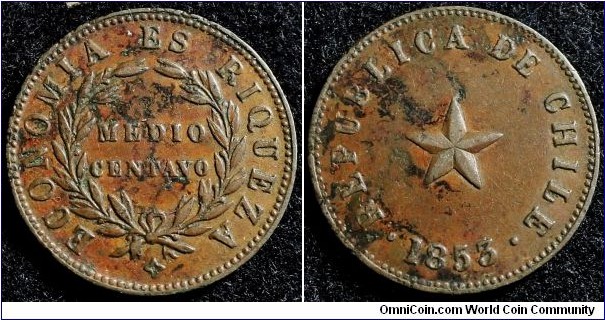 Chile 1853 1/2 centavos. Nice condition! Weight: 5.05g