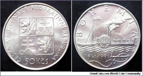 Czech and Slovak Federative Republic 50 korun. 1991, 150th Anniversary - Start of Cruises of the Steamship 