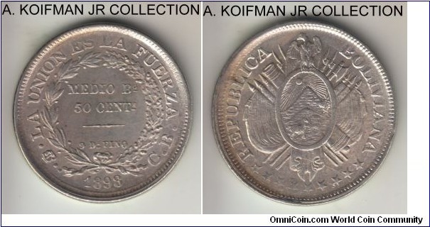 KM-161.5, 1898 Bolivia 50 centavos, CB essayer, Potosi mint (PTS mintmark in monogram); silver, reeded edge; good extra fine to almost uncirculated, weak strike as common.