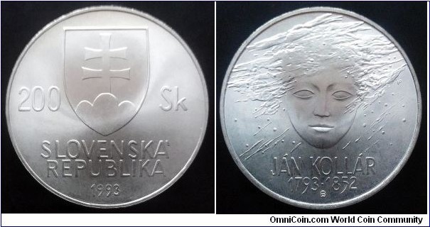 Slovakia 200 korun. 1993, Ján Kollár. Ag 750. Weight; 20g. Diameter; 34mm. Mintage: 35.000 pcs.