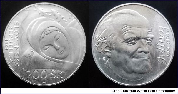 Slovakia 200 korun. 1994, Janko Alexy. Ag 750. Weight; 20g. Diameter; 34mm. Mintage: 34.000 pcs.