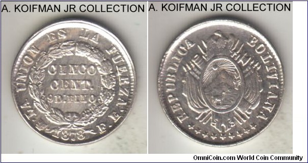 KM-157.1, 1878 Bolivia 5 centavos, Potosi mint (PTS in monogram), FE essayer initials; silver, reeded edge; FE with periods, inverted A instead of V in BOLIVIANA variety, decent strike for the type, although edge reeding is shallow and partially missing - as common, otherwise uncirculated.
