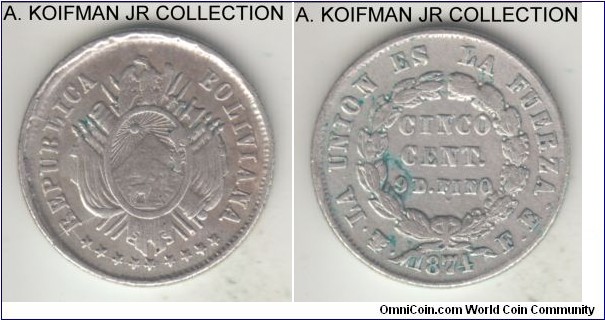 KM-157.1, 1874 Bolivia 5 centavos, Potosi mint (PTS in monogram), FE essayer initials; silver, reeded edge; FE with periods, extra fine or about, most of the reeding is missing, couple of die breaks, overall typically weak strike.