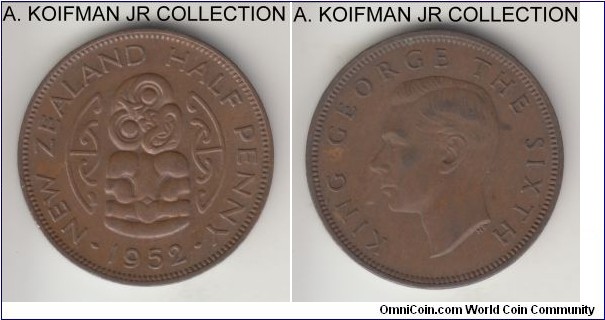KM-20, 1952 New Zealand 1/2 penny; bronze, plain edge; George VI, last of he type, brown almost uncirculated.