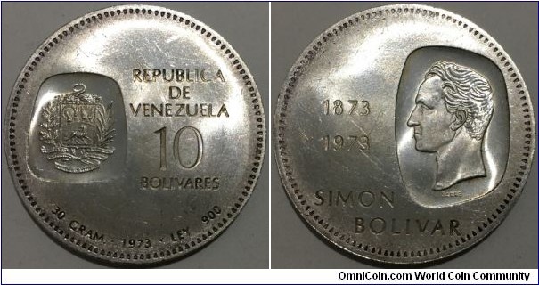10 Bolivares (4th Republic of Venezuela / Centennial of Simon Bolivar in coins 1873-1973 // SILVER 0.900 / 30g / ⌀39mm)