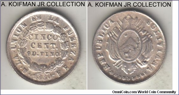 KM-157.1, 1880 Bolivia 5 centavos, Potosi mint (PTS in monogram), FE essayer initials; silver, reeded edge; FE with periods, impossible to determine the condition as the coin was struck with degraded dies and poorly calibrated and worn equipment as seen - parts are uncirculated, parts are poorly struck, likely cleaned at some point in the past.
