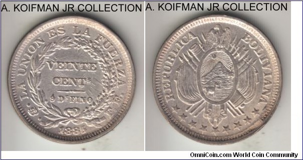 KM-159.2, 1885 Bolivia 20 centavos, Potosi mint (PTS mintmark in monogram), FE essayer initials; silver, reeded edge; die clash, decent quality of the strike for the type, uncirculated or almost.
