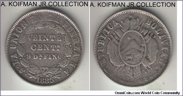 KM-159.1, 1885 Bolivia 20 centavos, Potosi mint (PTS mintmark in monogram), FE essayer initials; silver, reeded edge; struck with rusted dies, circulated and likely cleaned, almost very fine details.