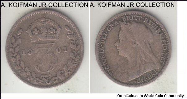 KM-777, 1901 Great Britain 3 pence; silver, plain edge; last Victoria type, average fine or so.