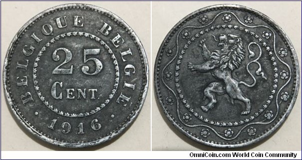 25 Centimes (Kingdom of Belgium - German Occupation / King Albert I // Zinc 6.5g) 
