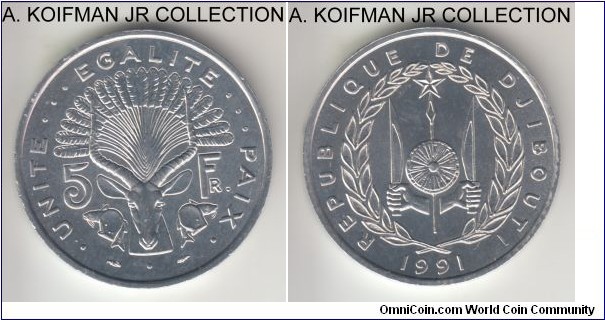 KM-22, 1991 Djibouti 5 francs, Paris mint; aluminum, plain edge; post independence issue, common, bright uncirculated.