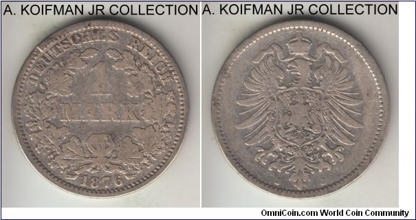 KM-1, 1876 Germany (Empire) mark, Hamburg mint (J mint mark); silver, reeded edge; Wilhelm I, first post-unification issue with large eagle, smallest mintage of the year, about fine and cleaned.