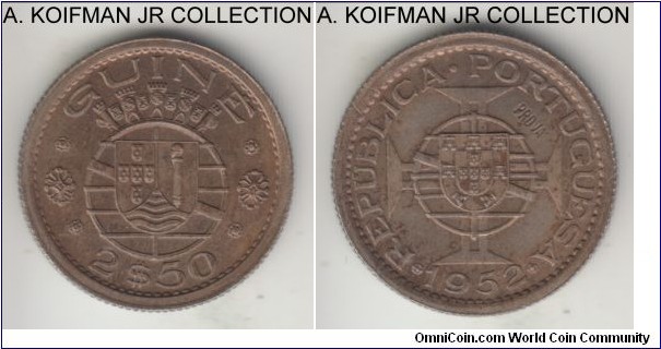 KM-Pr9, 1952 Portuguese Guinea 2 1/2 escudos; prova, copper-nickel, reeded edge; darker toned uncirculated.