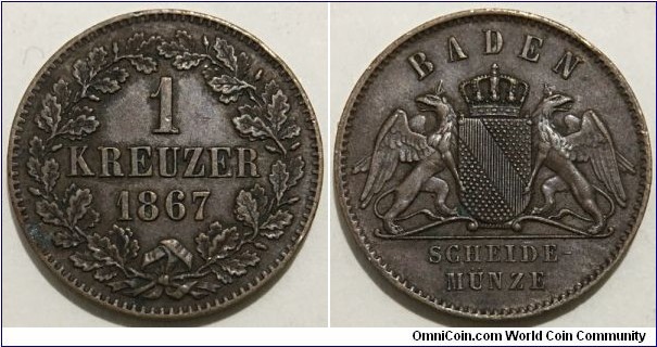 1 Kreuzer (Grand Duchy of Baden / Grand Duke Friedrich I // Copper 4g / Mintage: 697.710 pcs)