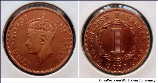 British Honduras 1 cent. 1950, George VI. Bronze. Mintage: 100.000 pcs.