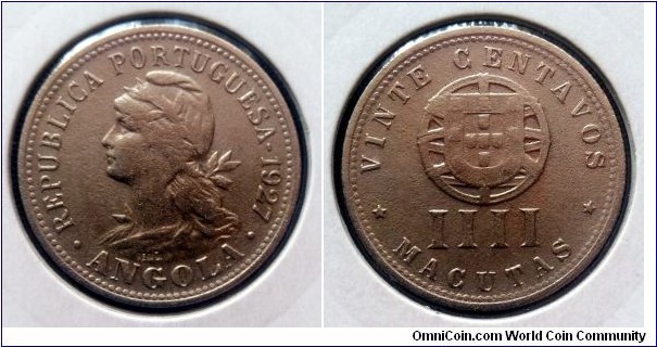 Angola 20 centavos/4 macutas. 1927, Portugal administration.