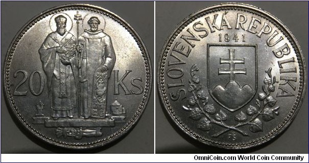 20 Korun (1st Slovak Republic - Client State of Nazi Germany / Commemorative issue - St. Cyril and St. Methodius // SILVER 0.500 / 15g / ⌀31mm)
