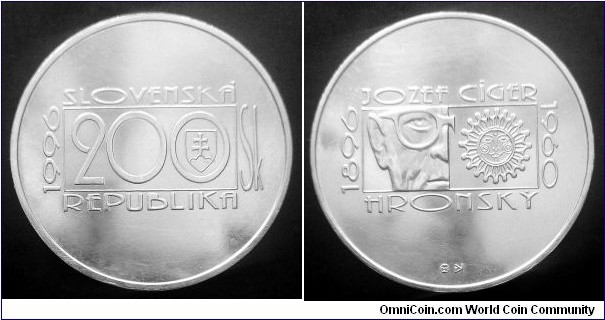 Slovakia 200 korun. 1996, Jozef Cíger Hronský. Ag 750. Weight; 20g. Diameter; 34mm. Mintage: 20.500 pcs.