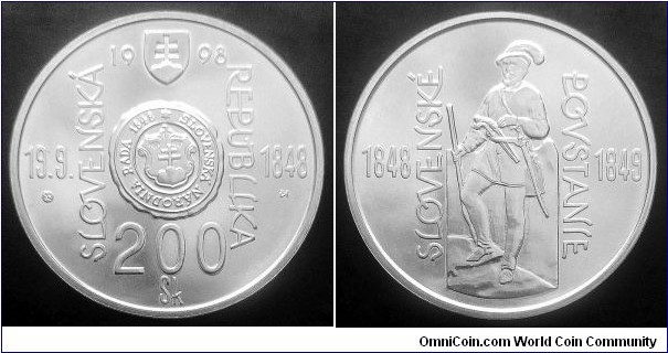 Slovakia 200 korun. 1998, Slovak uprising 1848-1849. Ag 750. Weight; 20g. Diameter; 34mm. Mintage: 13.400 pcs.