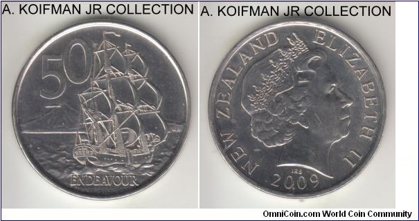 KM-119a, 2009 New Zealand 50 cents; nickel plated steel, plain edge; Elizabeth II, HMS Endeavour, reduced flan, average uncirculated or almost.