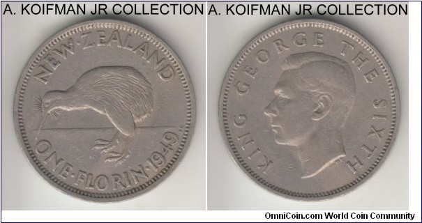 KM-18, 1949 New Zealand florin; copper-nickel, reeded edge; George VI, decent very fine.