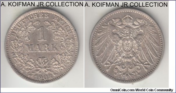 KM-14, 1908 Germany (Empire) mark, Muldenhutten mint (E mint mark); silver, reeded edge; Wilhelm II, scarcer mint with smallest mintage for the year, almost uncirculated.