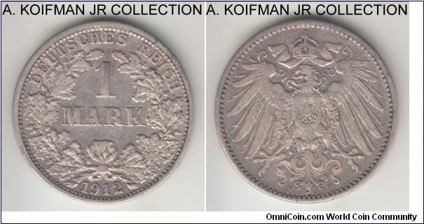KM-14, 1914 Germany (Empire) mark, Stuttgart mint (F mint mark); silver, reeded edge; Wilhelm II, smaller mintage, extra fine or almost.