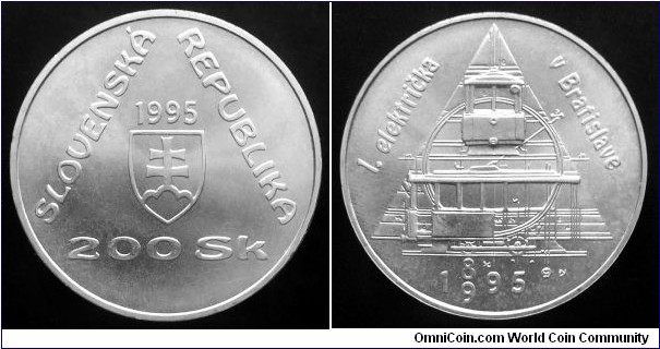 Slovakia 200 korun. 1995. First Electric Tram in Bratislava. Ag 750. Weight; 20g. Diameter; 34mm. Mintage: 26.000 pcs.