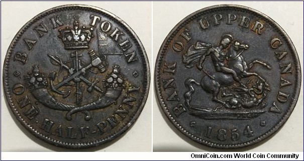 1/2 Penny (British Empire / United Province of Canada - Bank of Upper Canada Token / Queen Victoria // Copper 8.1g) 