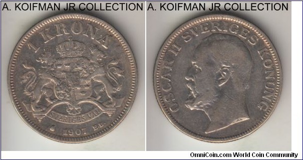 KM-772, 1907 Sweden krona; silver, reeded edge; Oscar II, 2-year type, fine or about and cleaned.