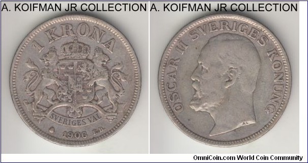 KM-772, 1906 Sweden krona; silver, reeded edge; Oscar II, 2-year type, good fine to very fine.